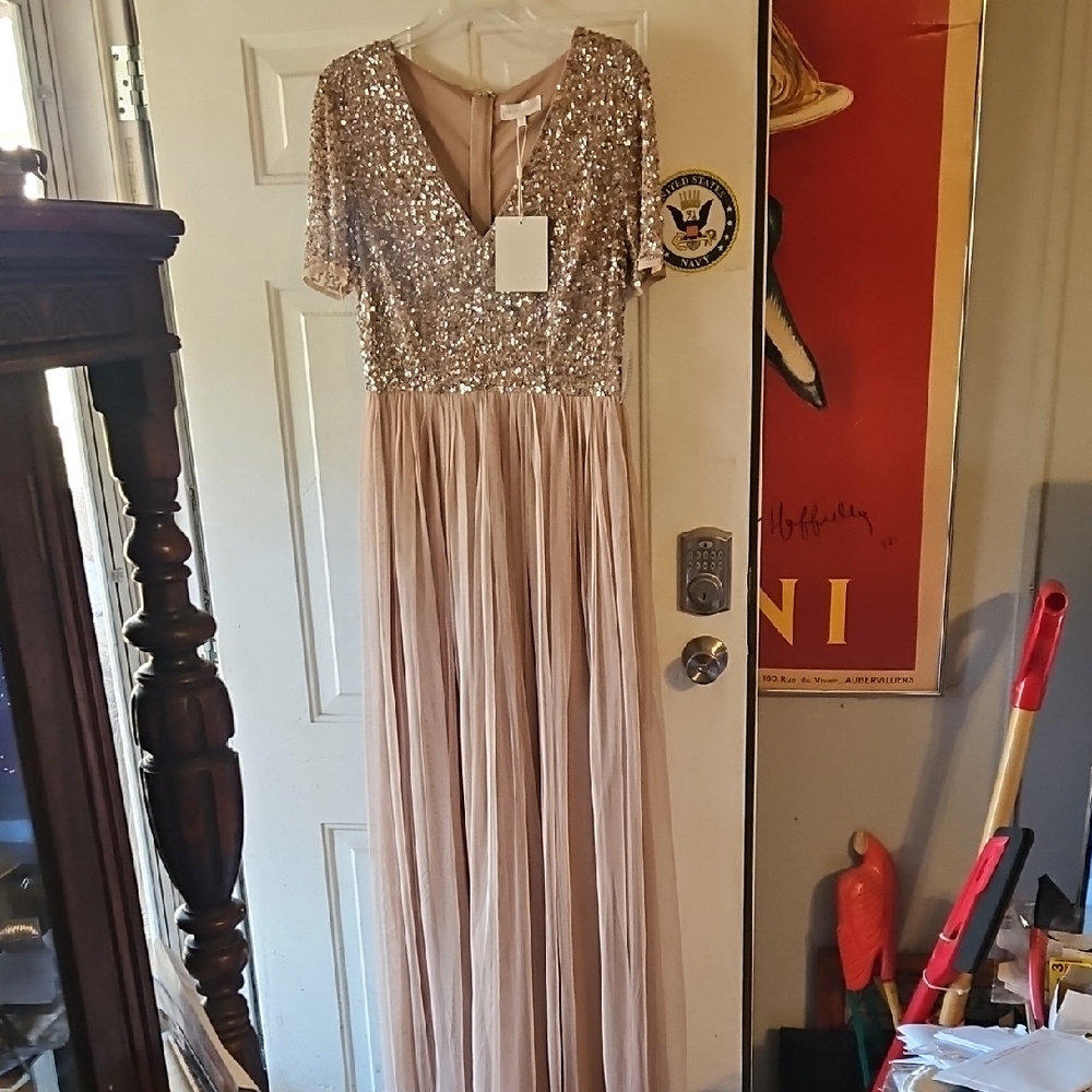 Elegant Sequin and Cream Maxi Dress